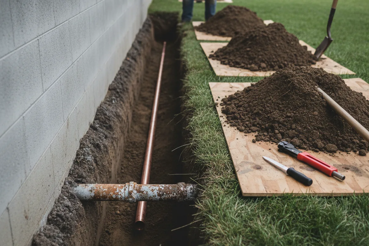 Excavated water line trench during Water Heater Repair in Isle La Motte